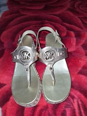 Michael Kors Metallic MK Logo T-Strap Sandals - Gold
